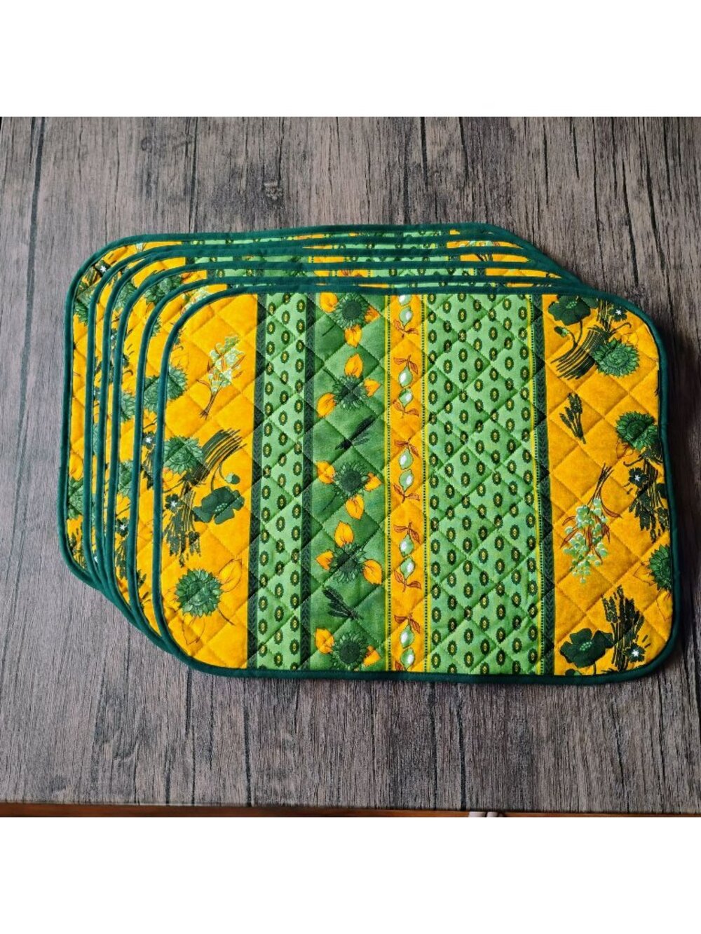 Set Of 6 Quilted Placemats, Green Yellow Floral Mediterranean Design 18" x 12"